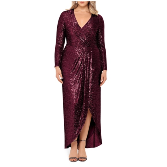 escape Dresses & Skirts - NWT XSCAPE Long Sleeve Faux Wrap Sequin Gown 14W